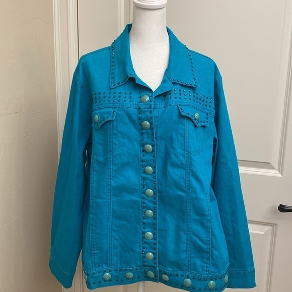 Diane Gilman Embellished Jacket Womens 1X plus size Teal Studded Western cotton - Picture 1 of 11